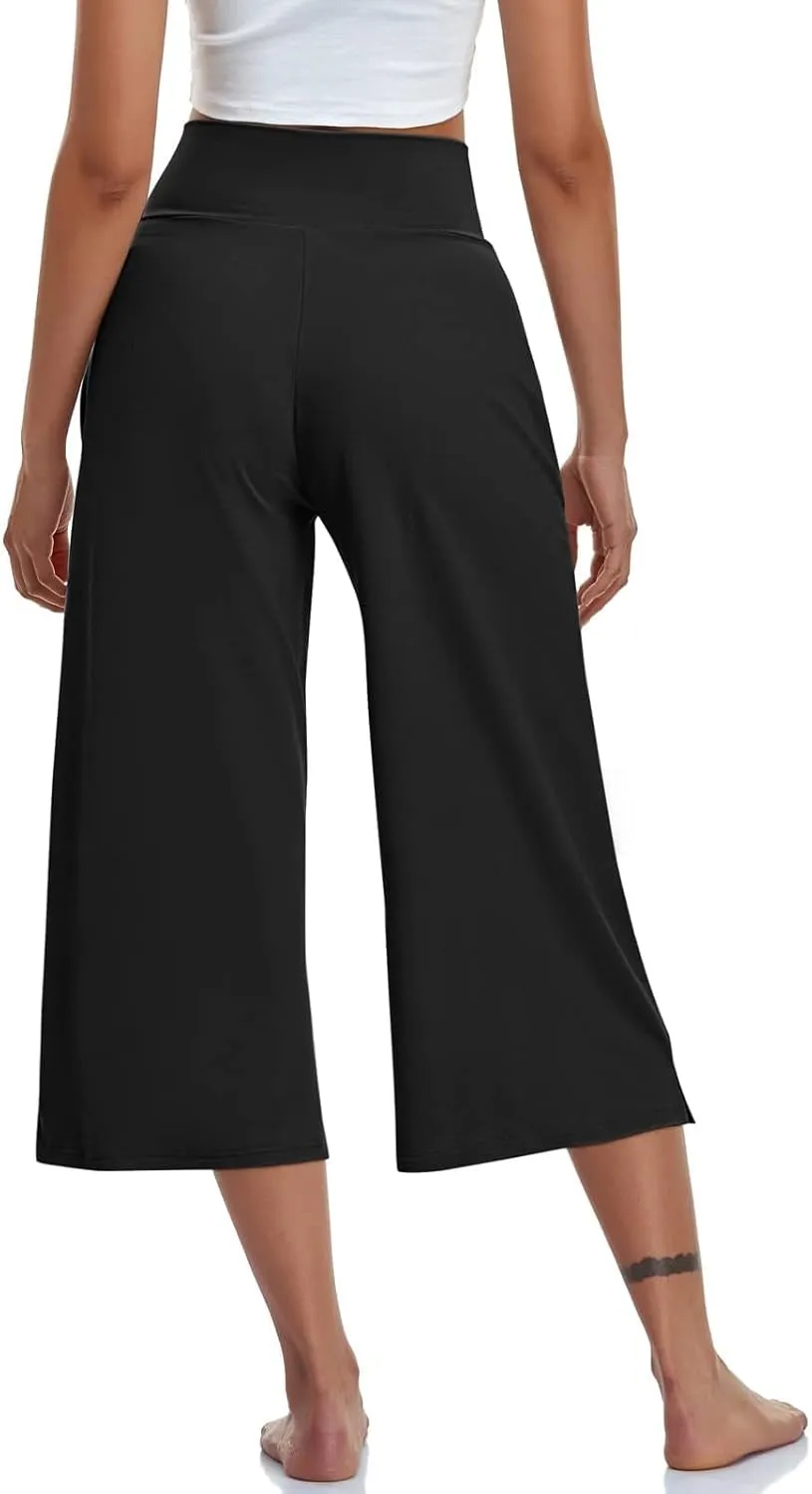 Womens Capri Yoga Pants Elastic High Waist Wide Leg Pants Loose Comfy Workout Pant Solid Casual Pant with Pockets