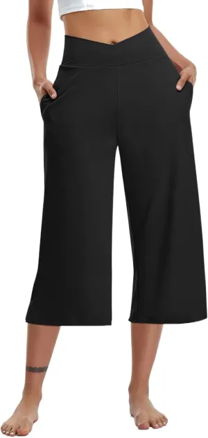 Womens Capri Yoga Pants Elastic High Waist Wide Leg Pants Loose Comfy Workout Pant Solid Casual Pant with Pockets