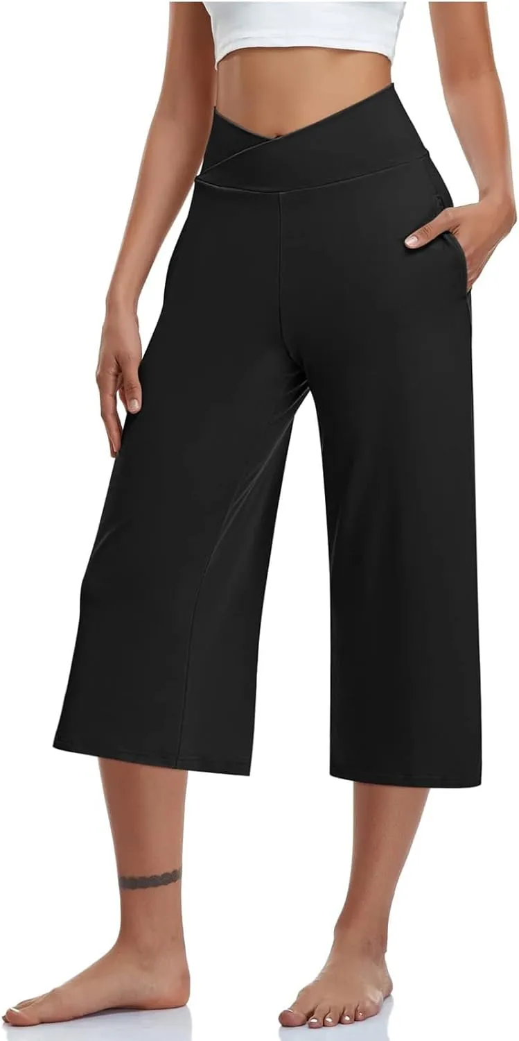 Womens Capri Yoga Pants Elastic High Waist Wide Leg Pants Loose Comfy Workout Pant Solid Casual Pant with Pockets