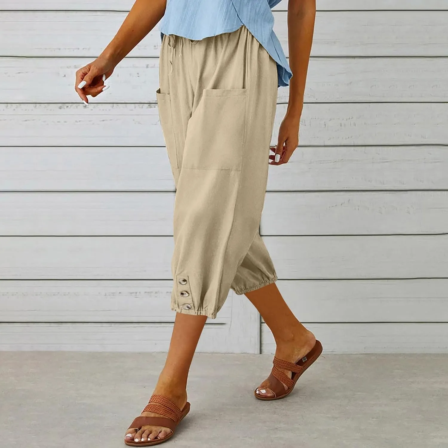 Womens Capris with Pockets Loose Casual Solid Color Summer Capri Pants 2025 Lightweight Baggy Cargo Pants for Hiking