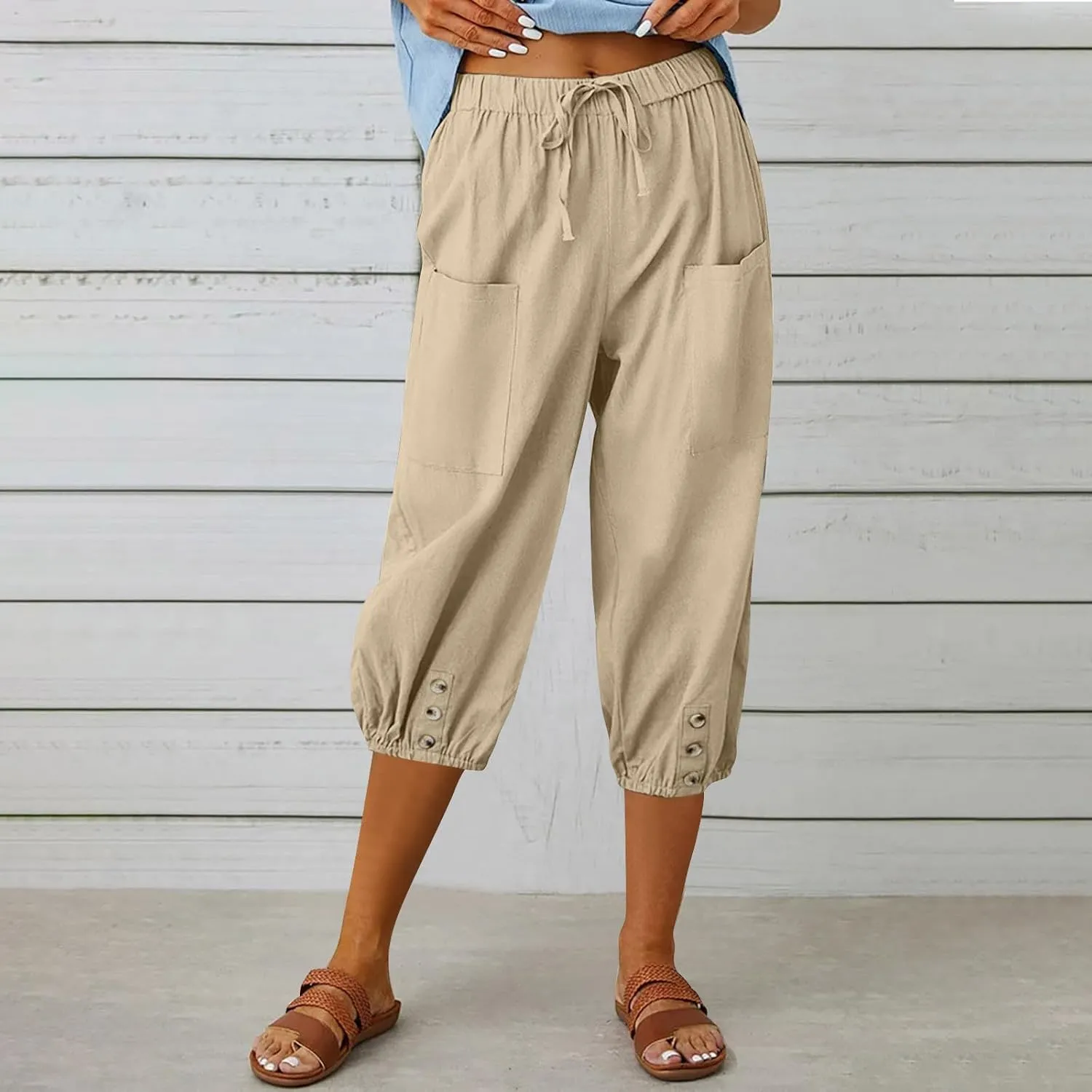 Womens Capris with Pockets Loose Casual Solid Color Summer Capri Pants 2025 Lightweight Baggy Cargo Pants for Hiking