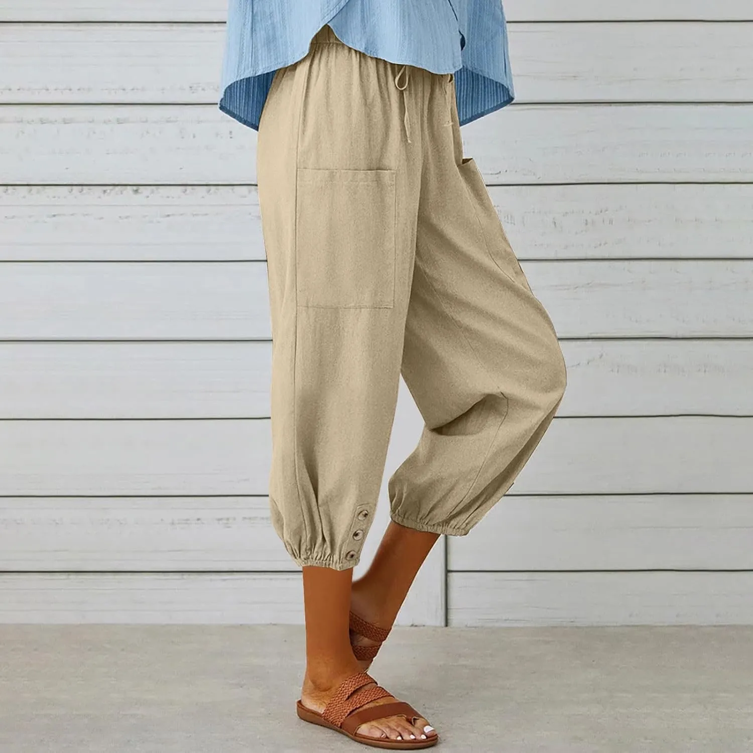 Womens Capris with Pockets Loose Casual Solid Color Summer Capri Pants 2025 Lightweight Baggy Cargo Pants for Hiking