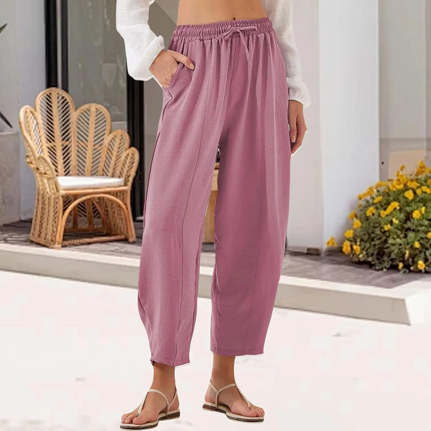 Womens Casual Capri Pants Summer Loose High Waisted Straight Leg Pant Fashion Ankle Length Trousers with Pockets