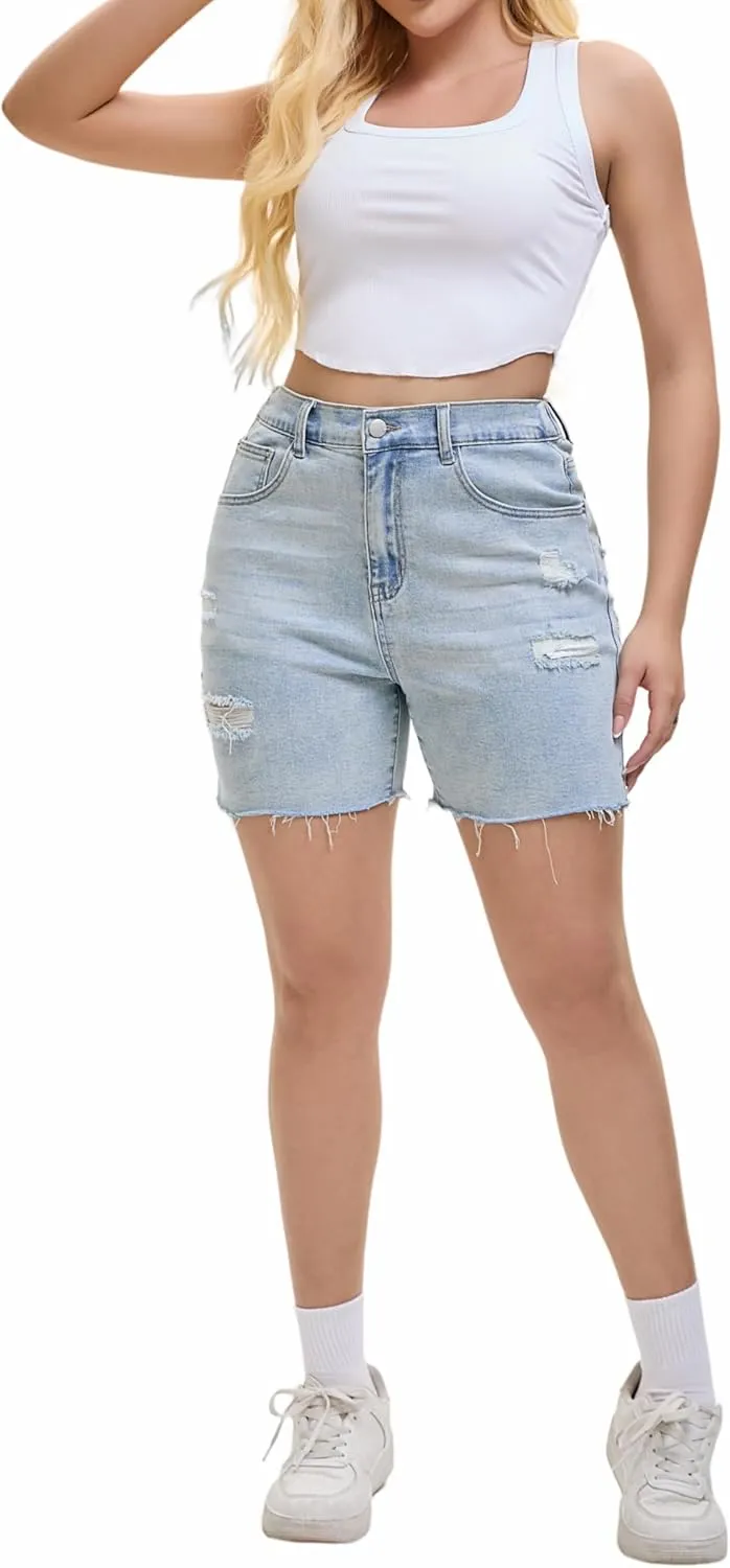 Women's Casual Denim Ripped Jean Short Summer Bermuda Butt Lifting Brazilian Raw Hem Distressed Cut Off Shorts