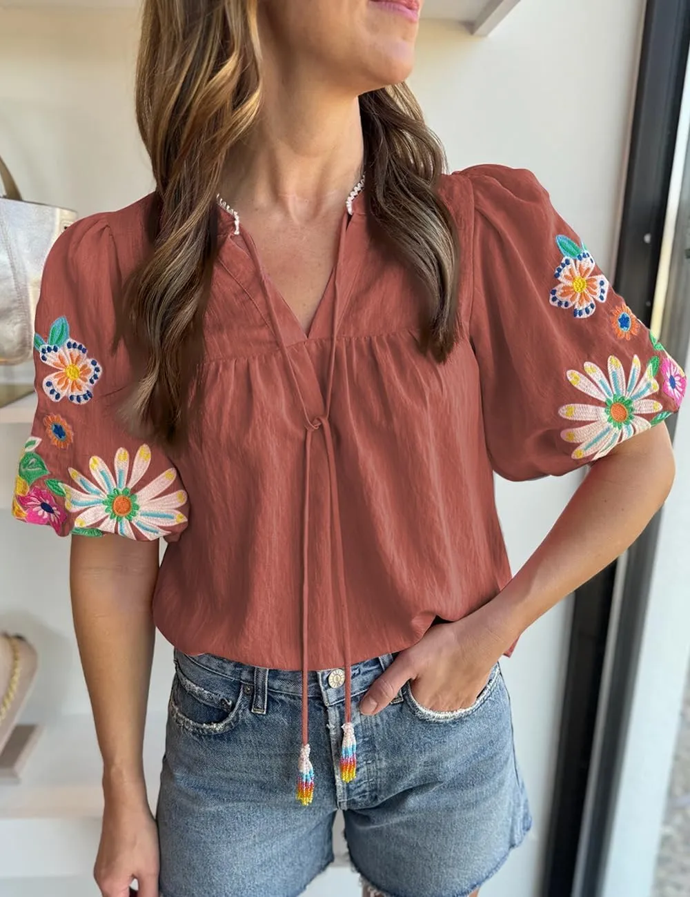 Women's Casual Floral Embroidered V Neck Boho Puff Short Sleeve Shirts Loose Tunic Summer Blouses Tops Fashion Clothes 2025
