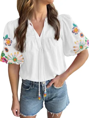 Women's Casual Floral Embroidered V Neck Boho Puff Short Sleeve Shirts Loose Tunic Summer Blouses Tops Fashion Clothes 2025