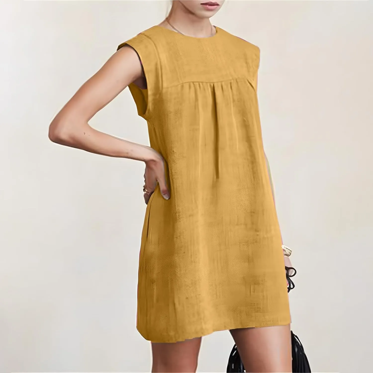 Womens Casual Mini Linen Dress Summer Loose Fit Cap Sleeve Crewneck Dress Beach Vacation Solid Short Sundresses