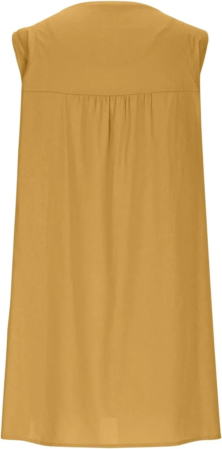 Womens Casual Mini Linen Dress Summer Loose Fit Cap Sleeve Crewneck Dress Beach Vacation Solid Short Sundresses