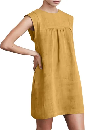 Womens Casual Mini Linen Dress Summer Loose Fit Cap Sleeve Crewneck Dress Beach Vacation Solid Short Sundresses