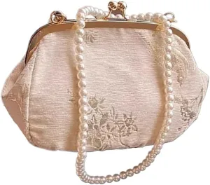 Women's Chinese retro printed handbag, embroidered pearl diagonal cross bag, suitable for dinners and wedding gifts