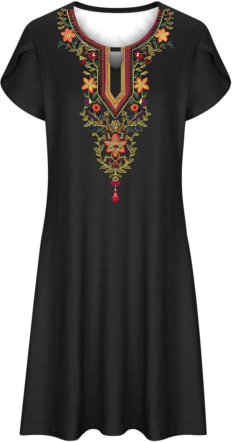 Womens Classic Western Printed Dress Casual Loose Petal Short Sleeved Dress Summer Boho Maxi Dress Mini Sun Dress