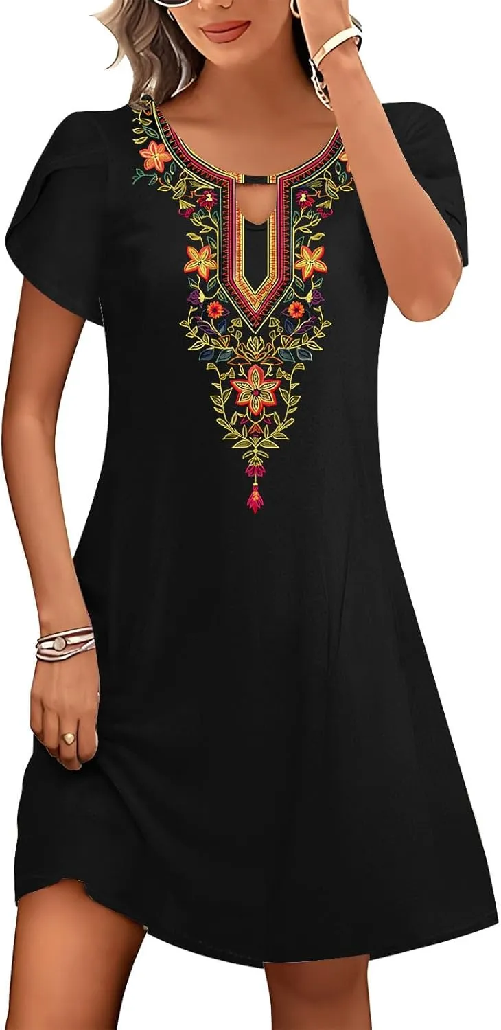 Womens Classic Western Printed Dress Casual Loose Petal Short Sleeved Dress Summer Boho Maxi Dress Mini Sun Dress