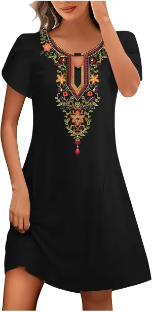 Womens Classic Western Printed Dress Casual Loose Petal Short Sleeved Dress Summer Boho Maxi Dress Mini Sun Dress