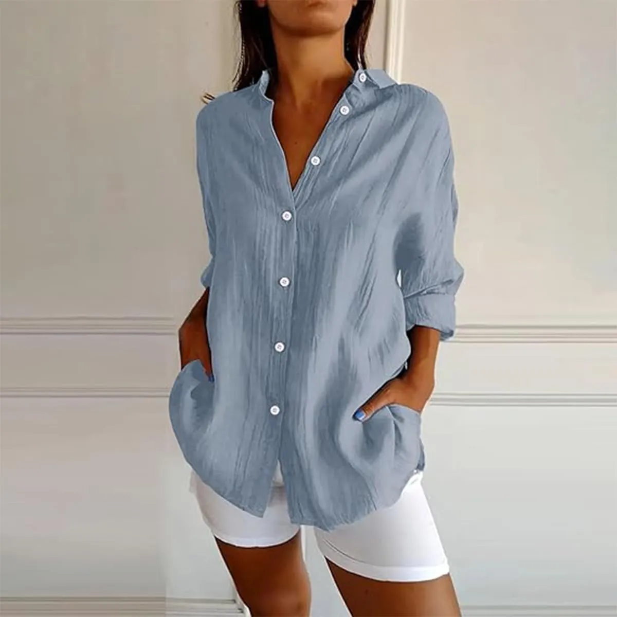 Women's Cotton and Linen Casual Single-Breasted Pleated Lapel Shirt,Summer V Neck Solid Long Sleeve Roll up Button Blouses