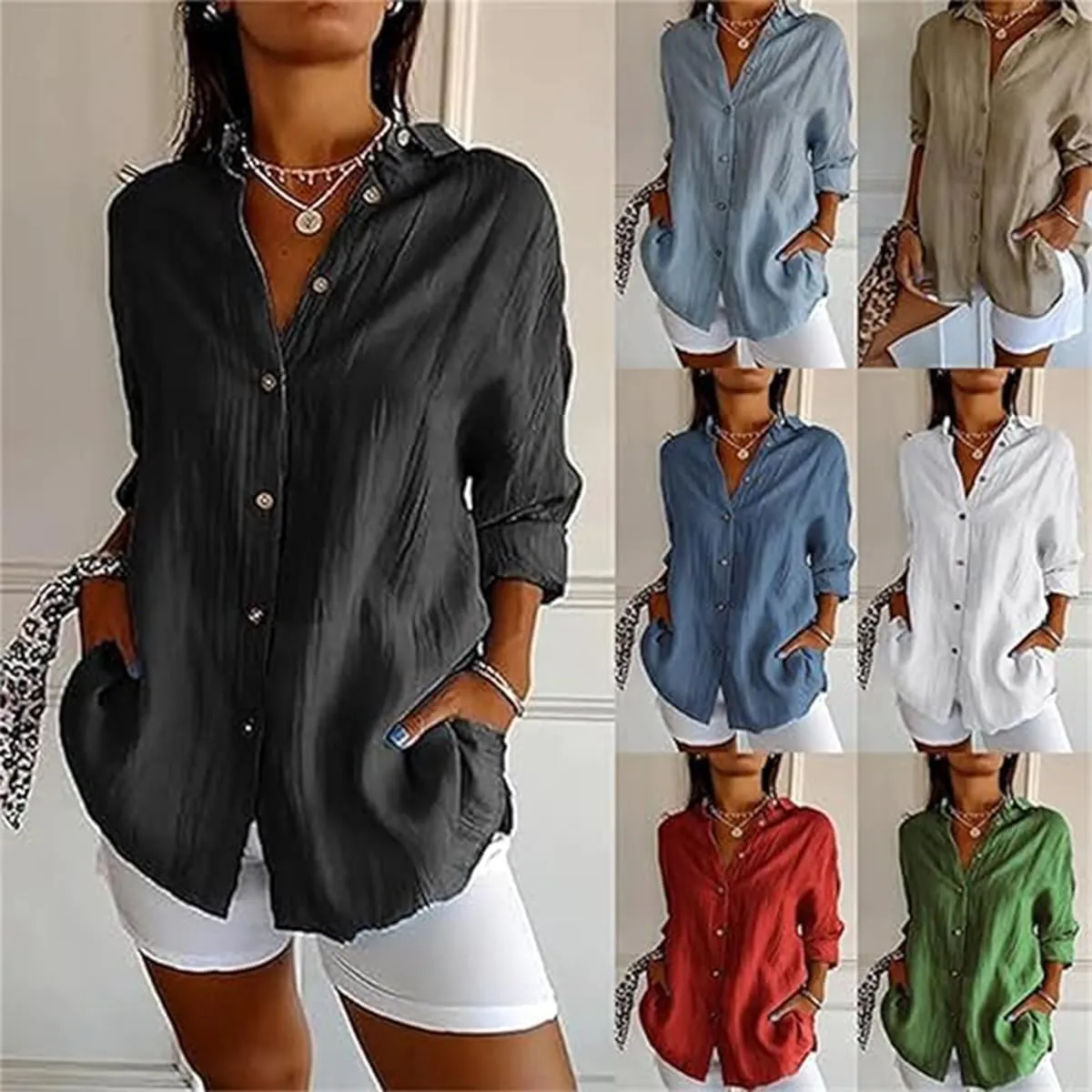 Women's Cotton and Linen Casual Single-Breasted Pleated Lapel Shirt,Summer V Neck Solid Long Sleeve Roll up Button Blouses