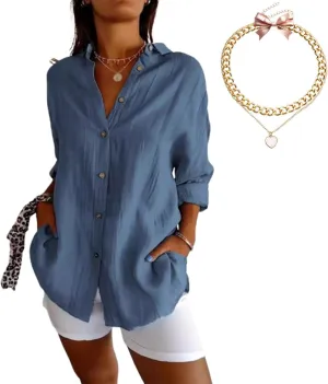 Women's Cotton and Linen Casual Single-Breasted Pleated Lapel Shirt,Summer V Neck Solid Long Sleeve Roll up Button Blouses