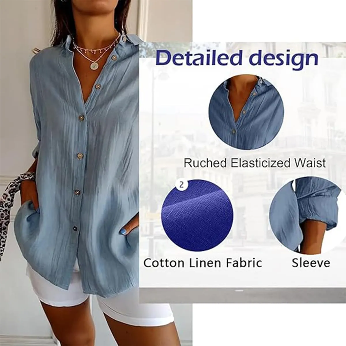 Women's Cotton and Linen Casual Single-Breasted Pleated Lapel Shirt,Summer V Neck Solid Long Sleeve Roll up Button Blouses