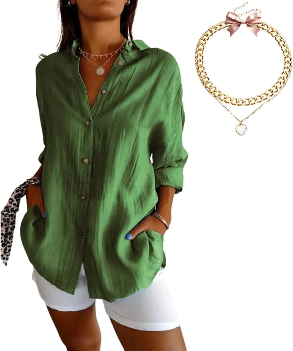 Women's Cotton and Linen Casual Single-Breasted Pleated Lapel Shirt,Summer V Neck Solid Long Sleeve Roll up Button Blouses