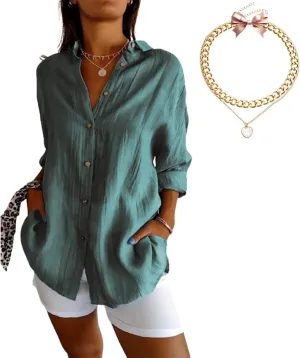 Women's Cotton and Linen Casual Single-Breasted Pleated Lapel Shirt,Summer V Neck Solid Long Sleeve Roll up Button Blouses