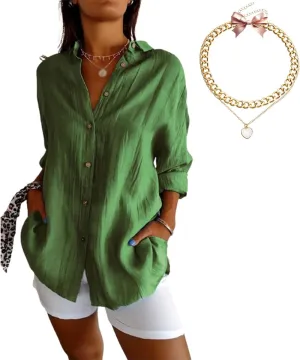 Women's Cotton and Linen Casual Single-Breasted Pleated Lapel Shirt,Summer V Neck Solid Long Sleeve Roll up Button Blouses
