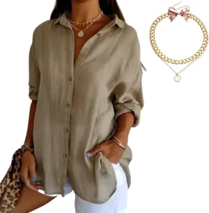 Women's Cotton and Linen Casual Single-Breasted Pleated Lapel Shirt,Summer V Neck Solid Long Sleeve Roll up Button Blouses