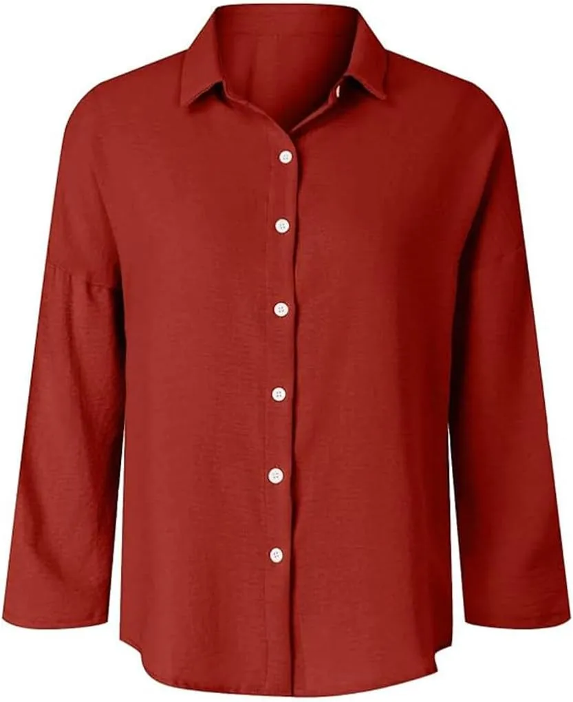 Women's Cotton and Linen Casual Single-Breasted Pleated Lapel Shirt,Summer V Neck Solid Long Sleeve Roll up Button Blouses