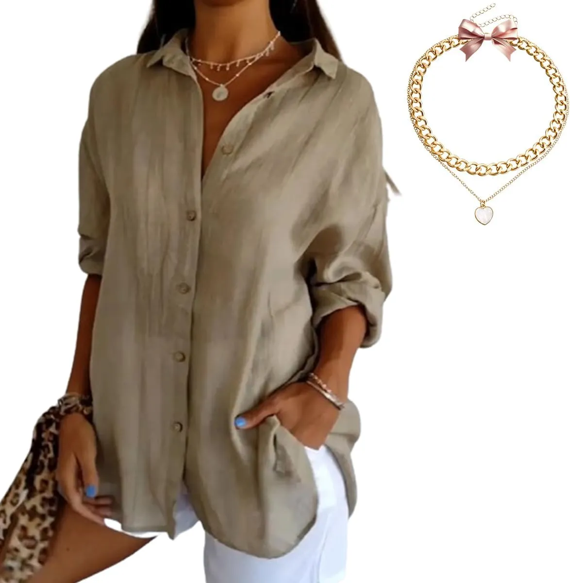 Women's Cotton and Linen Casual Single-Breasted Pleated Lapel Shirt,Summer V Neck Solid Long Sleeve Roll up Button Blouses