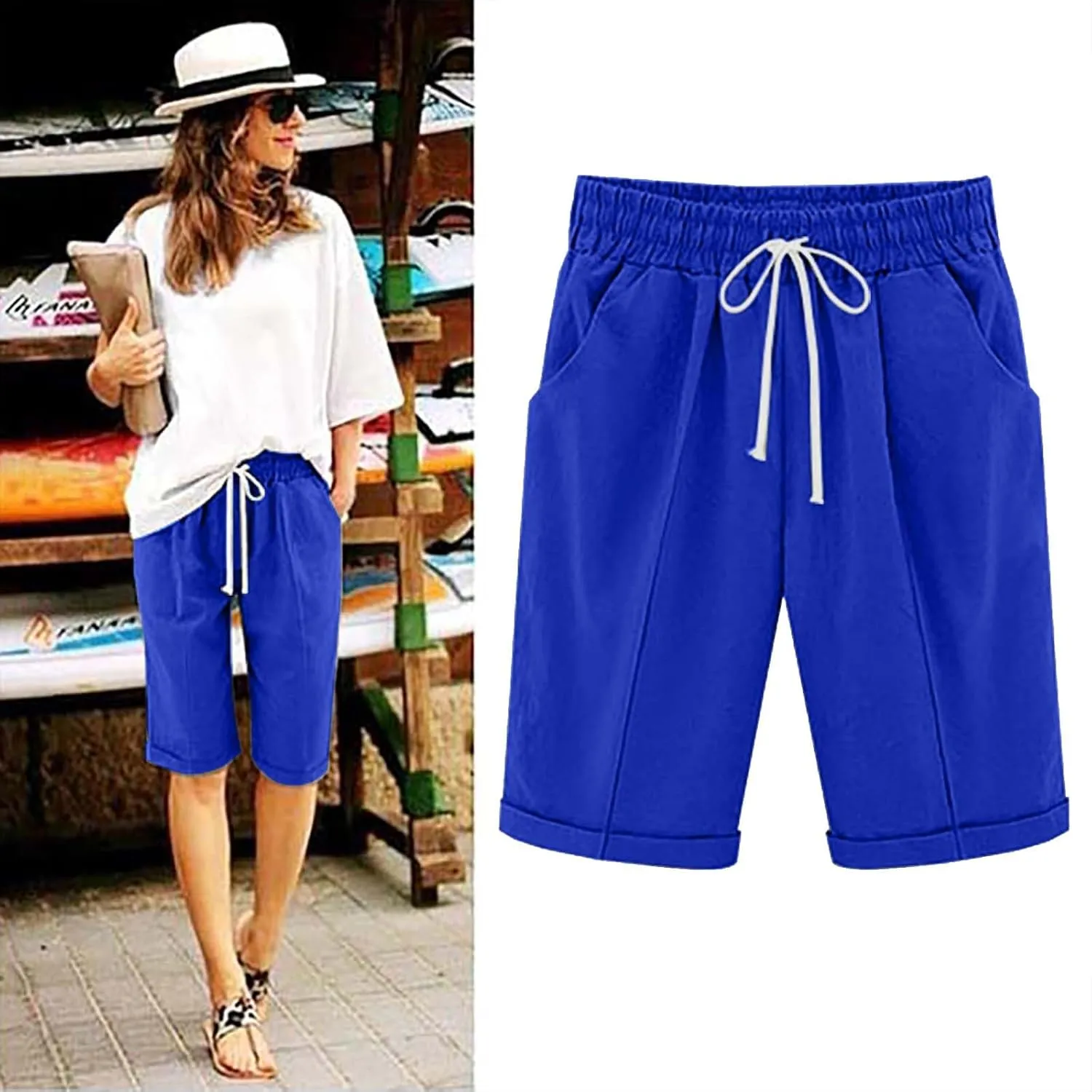 Womens Cotton Linen Bermuda Shorts Summer Lightweight Straight Leg Knee Length Beach Short Pants with Drawstring