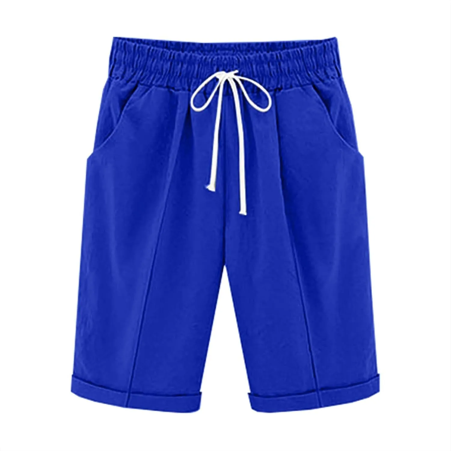 Womens Cotton Linen Bermuda Shorts Summer Lightweight Straight Leg Knee Length Beach Short Pants with Drawstring