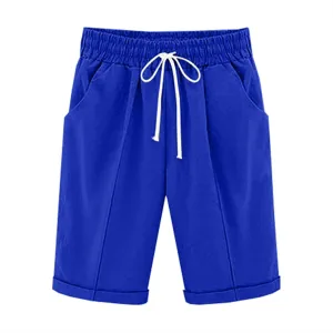 Womens Cotton Linen Bermuda Shorts Summer Lightweight Straight Leg Knee Length Beach Short Pants with Drawstring
