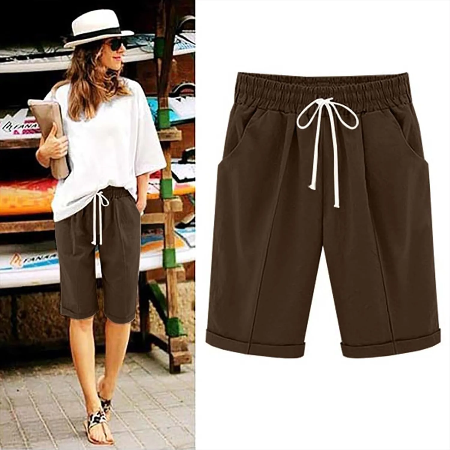 Womens Cotton Linen Bermuda Shorts Summer Lightweight Straight Leg Knee Length Beach Short Pants with Drawstring