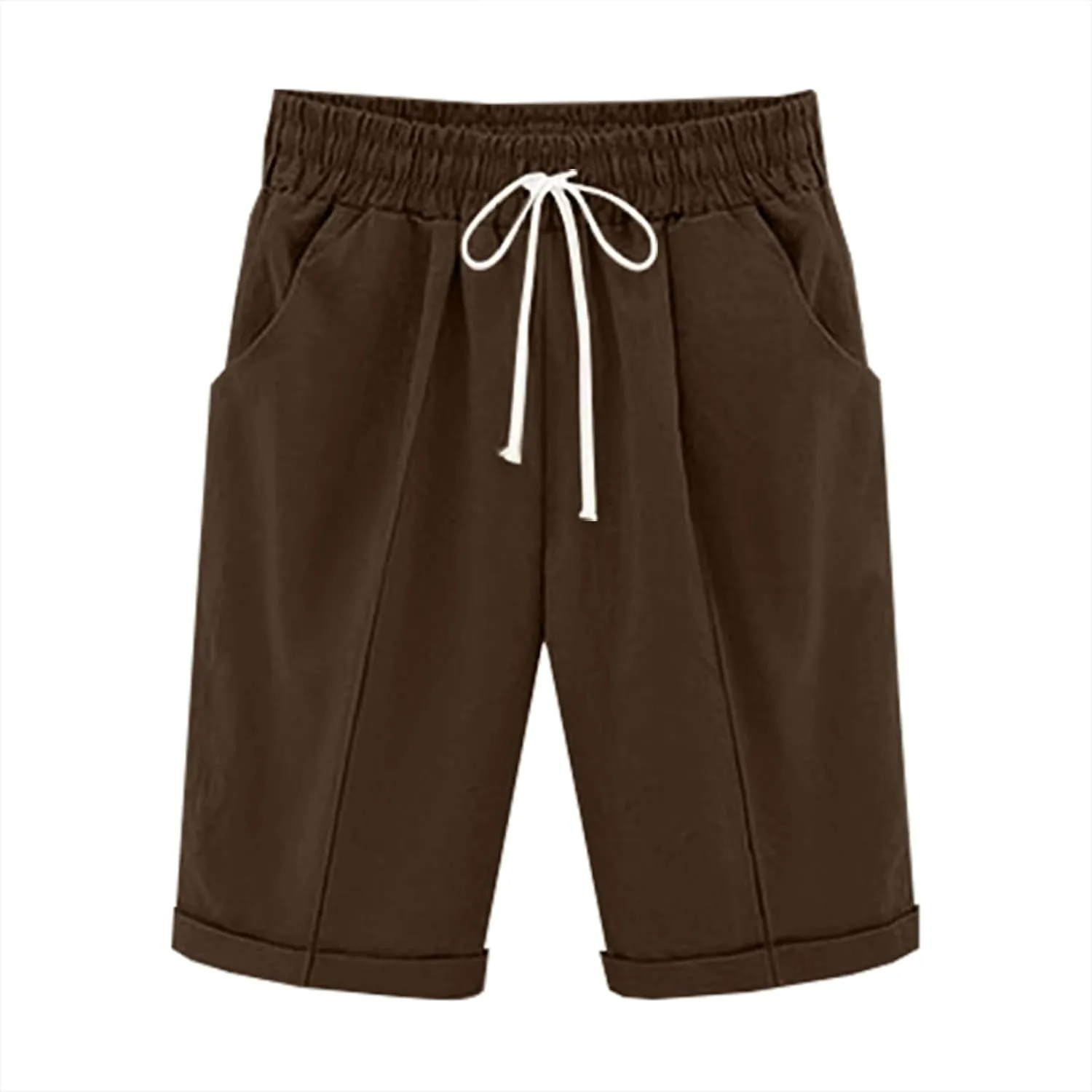 Womens Cotton Linen Bermuda Shorts Summer Lightweight Straight Leg Knee Length Beach Short Pants with Drawstring