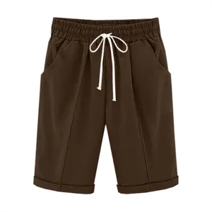 Womens Cotton Linen Bermuda Shorts Summer Lightweight Straight Leg Knee Length Beach Short Pants with Drawstring