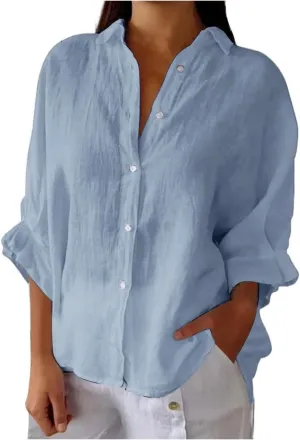 Women's Cotton Linen Blend Vintage Half Sleeve Solid Color Button Down Shirt - Casual Elegant Work Blouse&Tops