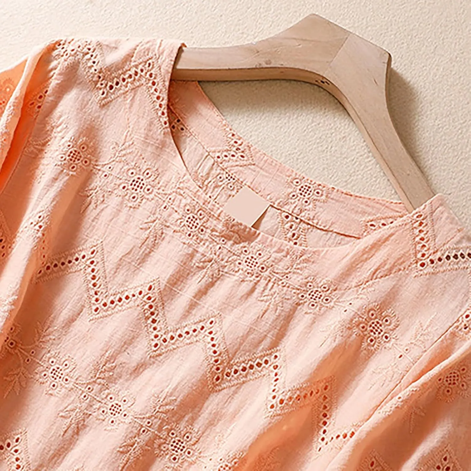 Women's Cotton Linen Embroidered Shirt Tops Boho 3/4 Sleeeve Tunic Top Dressy Elegant Blouse