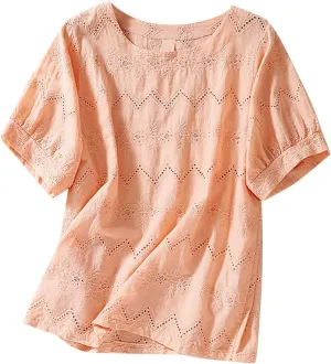 Women's Cotton Linen Embroidered Shirt Tops Boho 3/4 Sleeeve Tunic Top Dressy Elegant Blouse