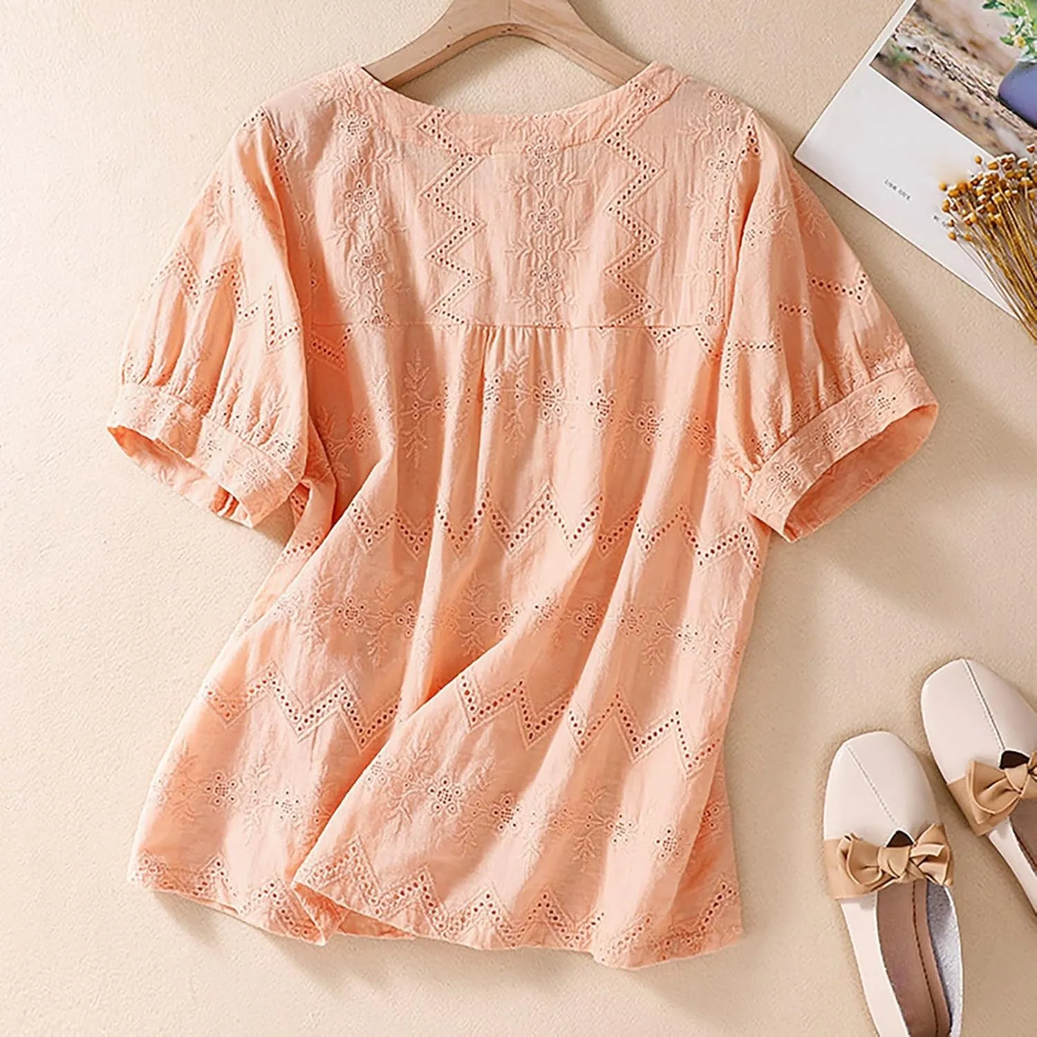 Women's Cotton Linen Embroidered Shirt Tops Boho 3/4 Sleeeve Tunic Top Dressy Elegant Blouse