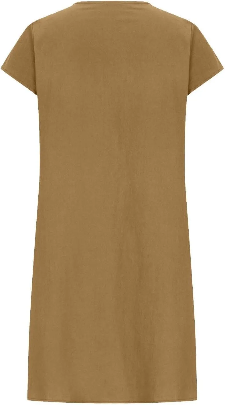 Women's Cotton Linen Midi Dress Plus Size Cap Sleeve Pleated Summer Dresses Vacation 2025 Crew Neck Casual Dress