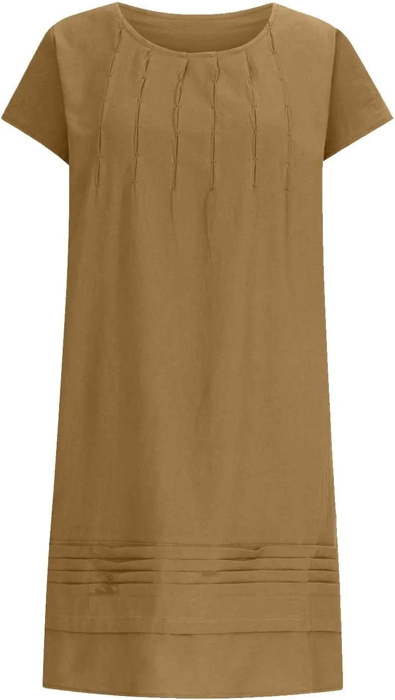 Women's Cotton Linen Midi Dress Plus Size Cap Sleeve Pleated Summer Dresses Vacation 2025 Crew Neck Casual Dress