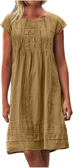 Women's Cotton Linen Midi Dress Plus Size Cap Sleeve Pleated Summer Dresses Vacation 2025 Crew Neck Casual Dress