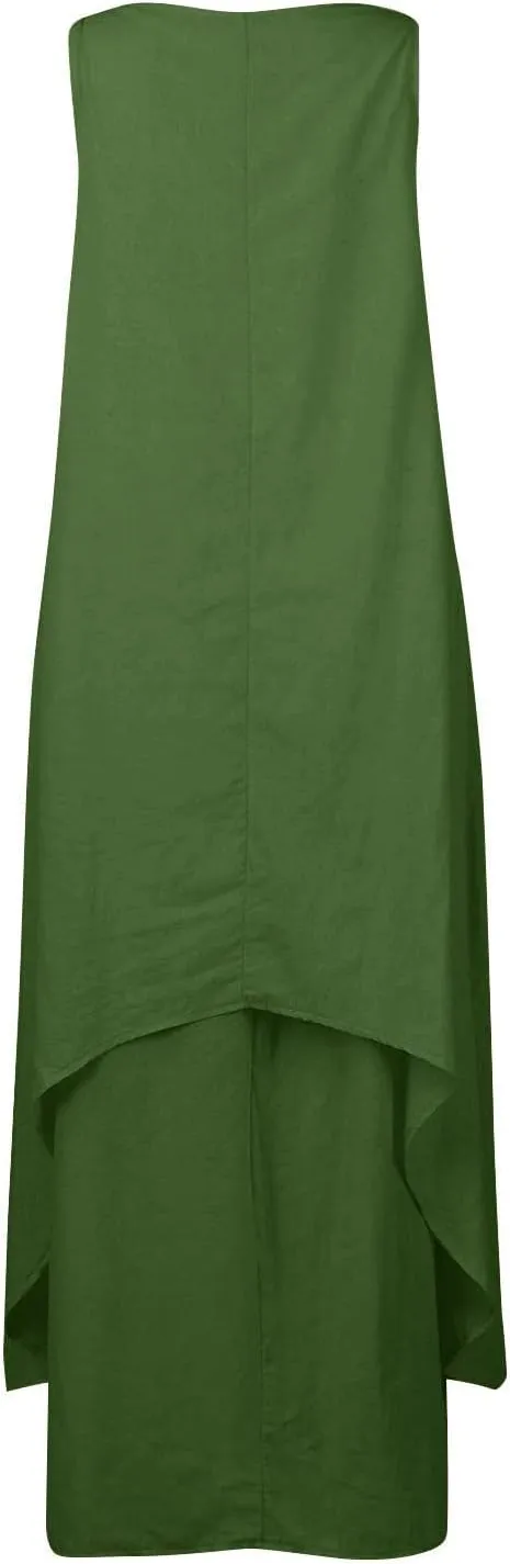 Womens Cotton Linen Midi Dresses Sleeveless Simple Solid Color Sundress Loose Casual Tank Dresses with Pockets