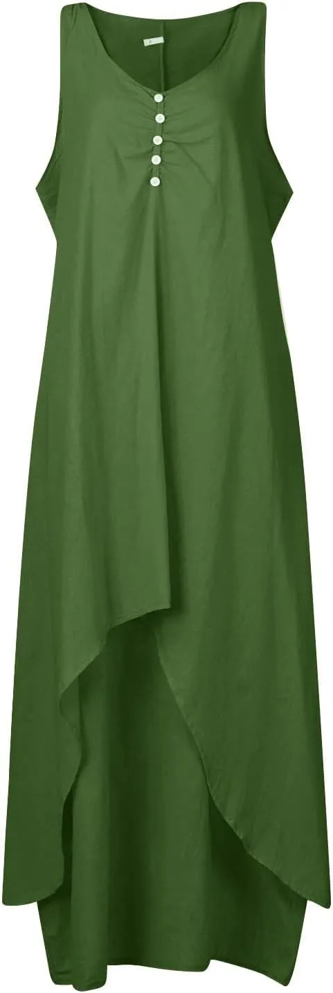 Womens Cotton Linen Midi Dresses Sleeveless Simple Solid Color Sundress Loose Casual Tank Dresses with Pockets