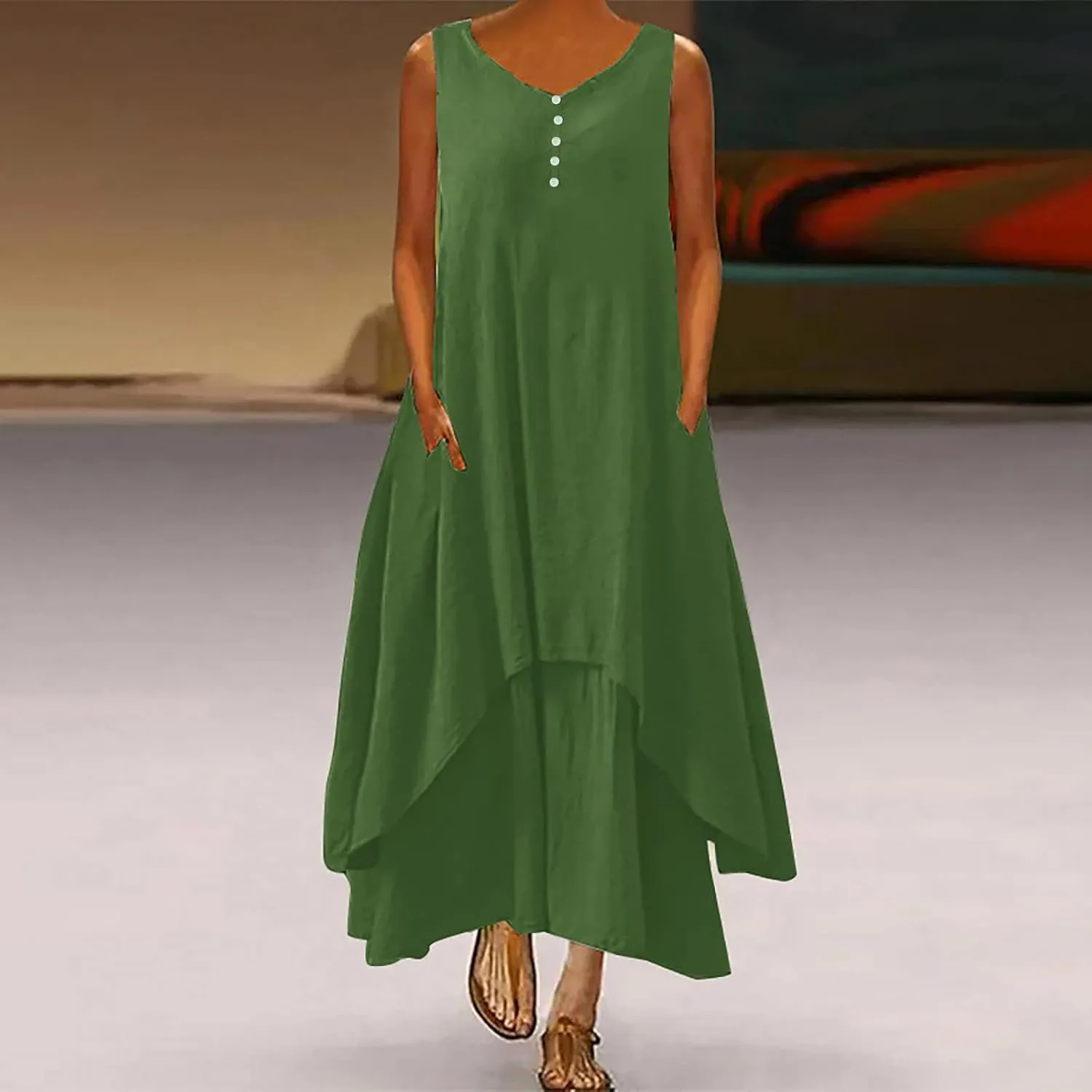 Womens Cotton Linen Midi Dresses Sleeveless Simple Solid Color Sundress Loose Casual Tank Dresses with Pockets