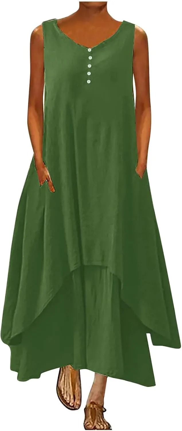 Womens Cotton Linen Midi Dresses Sleeveless Simple Solid Color Sundress Loose Casual Tank Dresses with Pockets