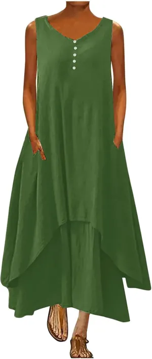 Womens Cotton Linen Midi Dresses Sleeveless Simple Solid Color Sundress Loose Casual Tank Dresses with Pockets