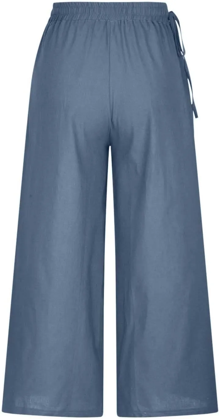 Womens Cotton Linen Pants Casual 2025 Wide Leg Palazzo Pants High Waist Solid Loose Plus Size Trouser with Pockets