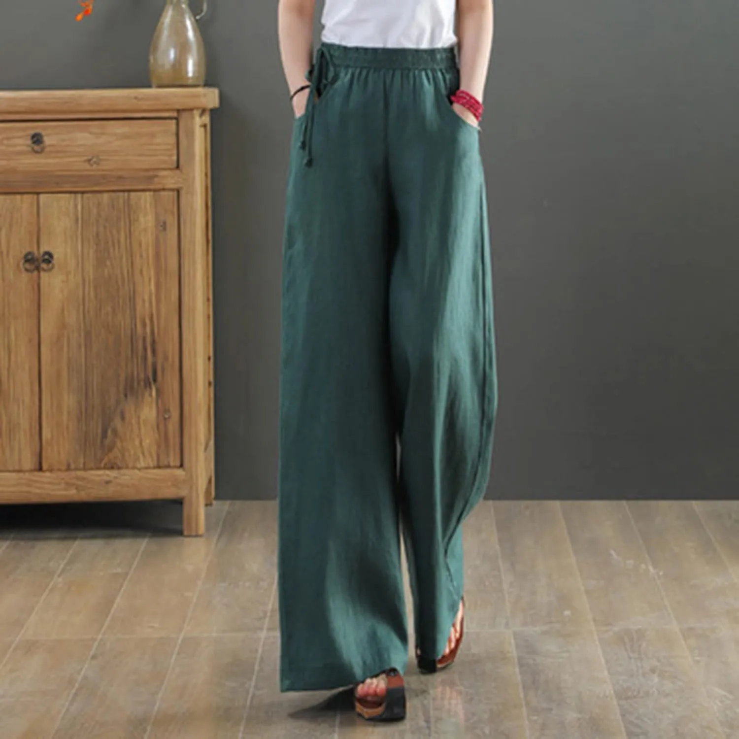 Womens Cotton Linen Pants Casual 2025 Wide Leg Palazzo Pants High Waist Solid Loose Plus Size Trouser with Pockets