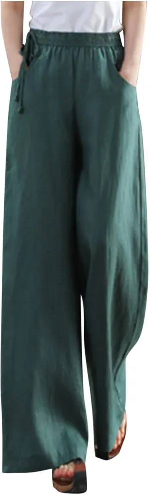 Womens Cotton Linen Pants Casual 2025 Wide Leg Palazzo Pants High Waist Solid Loose Plus Size Trouser with Pockets