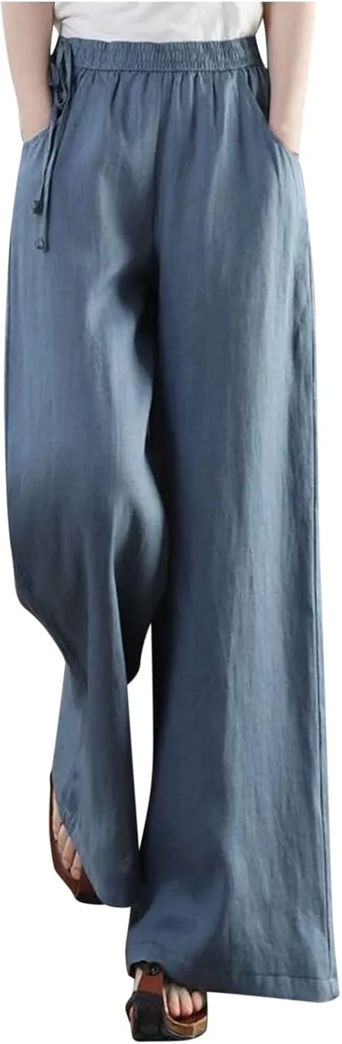 Womens Cotton Linen Pants Casual 2025 Wide Leg Palazzo Pants High Waist Solid Loose Plus Size Trouser with Pockets
