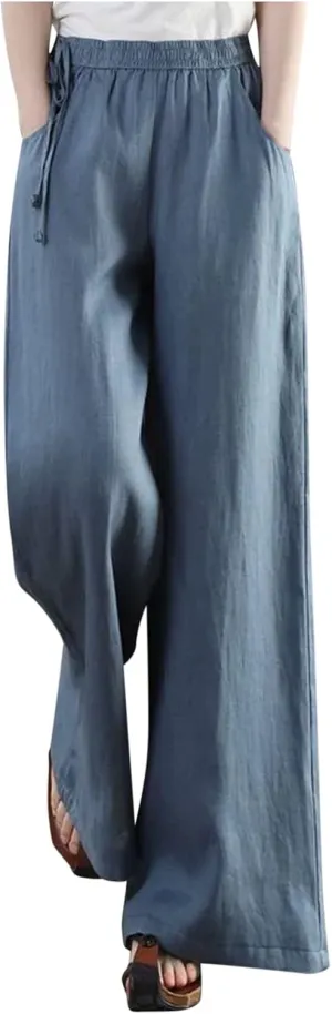 Womens Cotton Linen Pants Casual 2025 Wide Leg Palazzo Pants High Waist Solid Loose Plus Size Trouser with Pockets